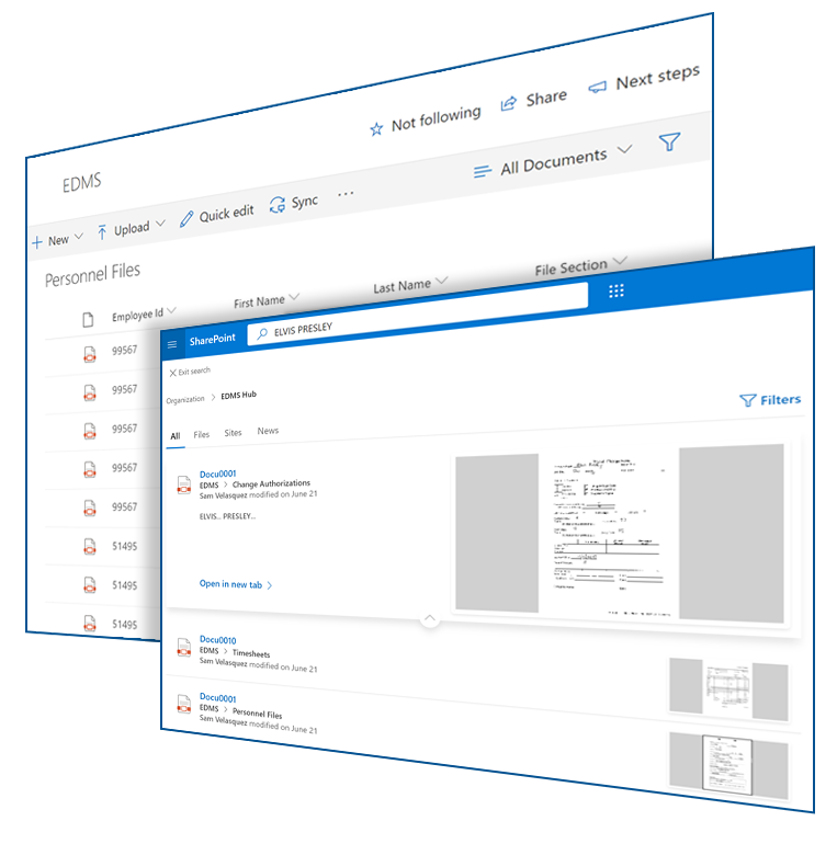 Screenshot of the SharePoint advanced search interface showing the search bar and results.