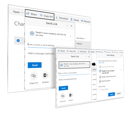Screenshot of the SharePoint sharing interface showing how to share a record by email or link.